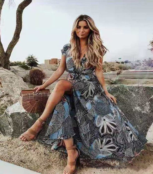 Bohemian maxi skirt with printed short sleeves - ROUTINE FASHION
